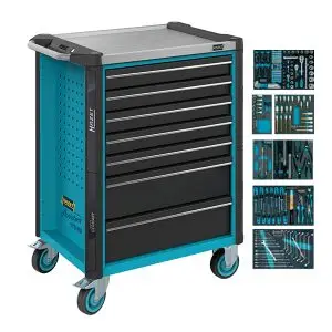 RADIONIČKA KOLICA S ALATOM, INOX PLOČA 7 LADICA 224-DIJELNI, 5 LADICA ALATA S UMETCIMA